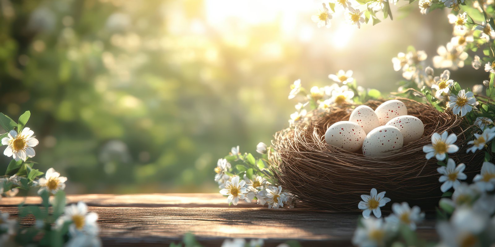 Nest filled with speckled eggs surrounded by blooming flowers in a sunlit garden setting